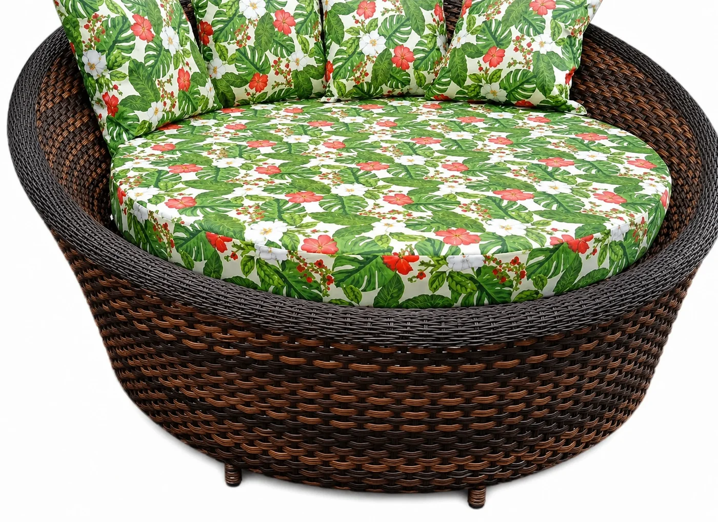 Chaise redonda em fibra sintética com almofadas florais