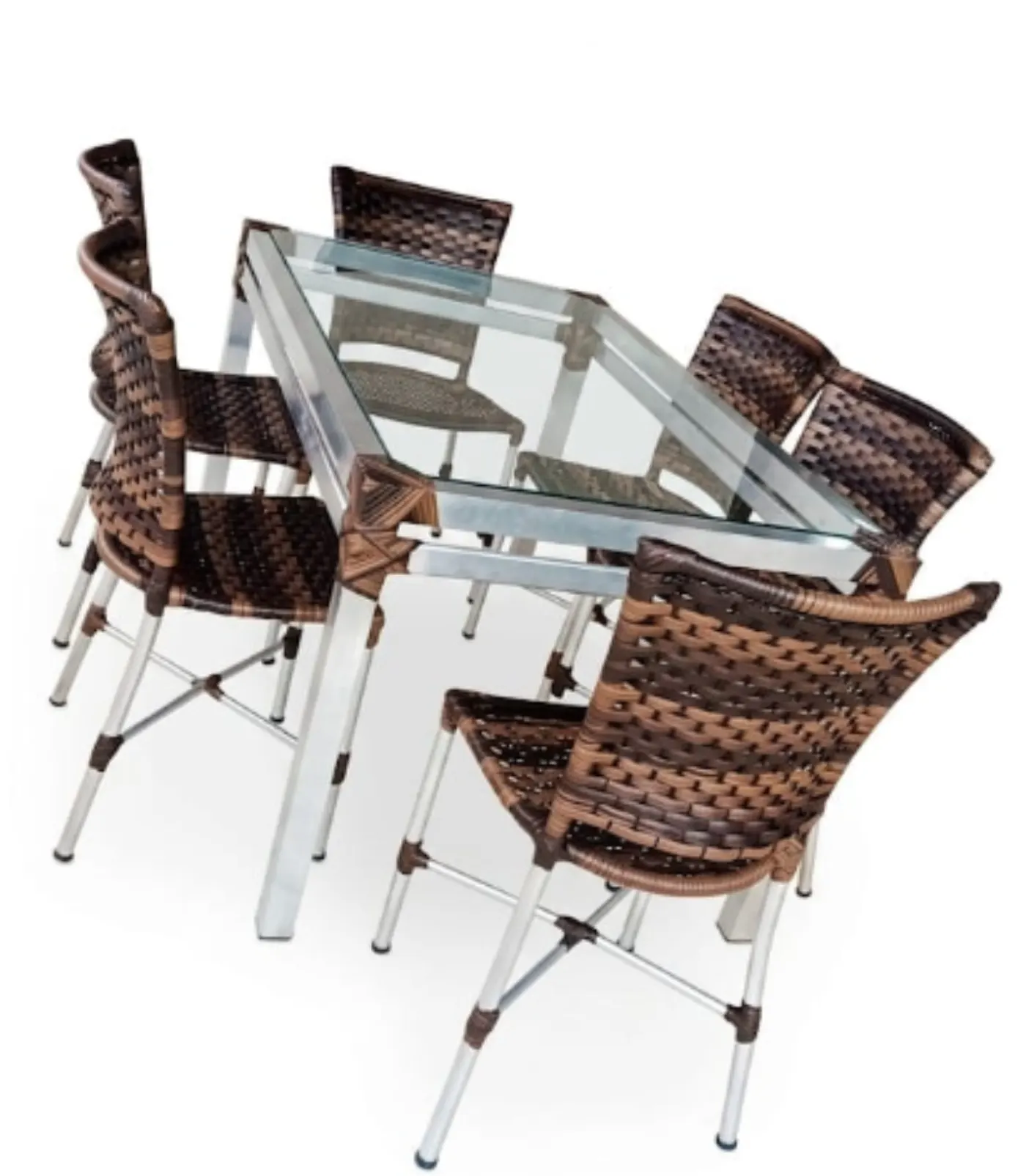Conjunto de mesa com tampo de vidro e cadeiras em fibra